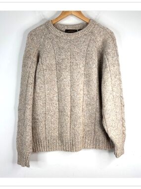 VTG Eddie Bauer Wool Sweater L Beige Cable Knit Fisherman Heritage Cottage Ski